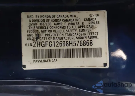 2008 Honda Civic Lx z USA, uszkodzony, nr VIN 2HGFG12698H576868